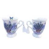 Set 2 Cani Ceramica Multicolor cu Lavanda si Fluturi, 200ml, Cutie Cadou Eleganta