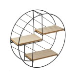 Raft decorativ rotund metalic cu 3 nivele din lemn de culoare naturala, 30 x 9 cm