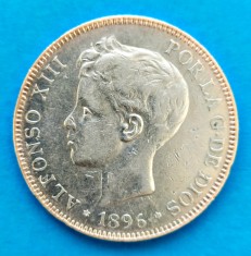 SPANIA 5 PESETA 1896 ALFONSO XIII ARGINT STARE FOARTE BUNA P
