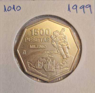 Spain, Spania, 1500 Pesetas - Juan Carlos I Exploration, 1999, octagonala, argint, excelenta, KM#1010 foto