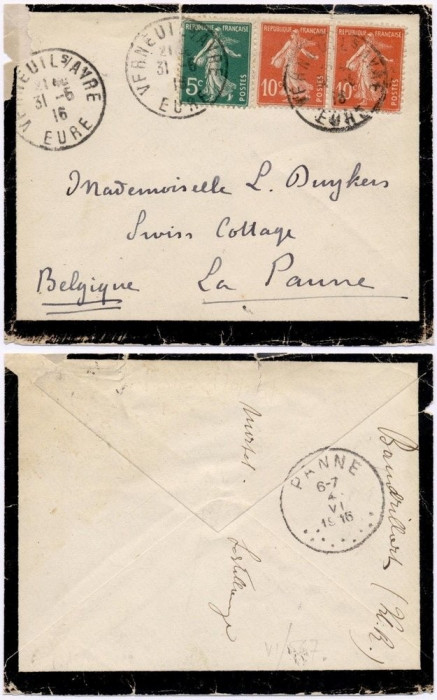 France 1916 Postal History Rare Mourning Cover Verneuil to Avre La Panne DB.195
