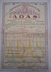 Certificat Asigurare Animale ADAS 1957 - Document de Colecție Perioada RPR