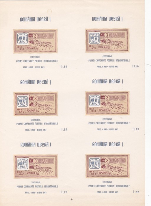 ROMANIA EXIL 1963 - MINICOALA CENTENARUL PRIMEI CONFERINTE POSTALE,MNH.