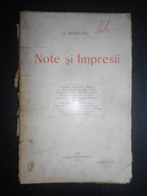 Garabet Ibraileanu - Note si impresii (1920, prima editie, necesita relegare) foto