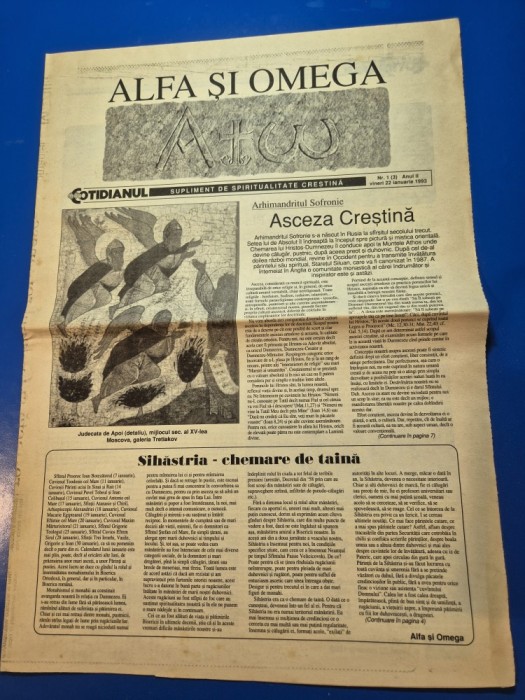 ziarul alfa si omega 22 ianuarie 1993 - articol - sihastria - chemare de taina , monarhi de ieri si de azi