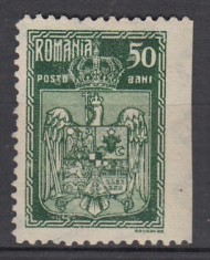 ROMANIA 1922 LP 73 INCORONAREA REGELUI FERDINAND LA ALBA IULIA 50 BANI VERDE EROARE NEDANTELAT VERTICAL LIPSA GUMA