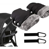 Cumpara ieftin Set 2 manusi pentru carucior de copii, 20 x 17 cm, tesatura oxford, blana, negru, gri