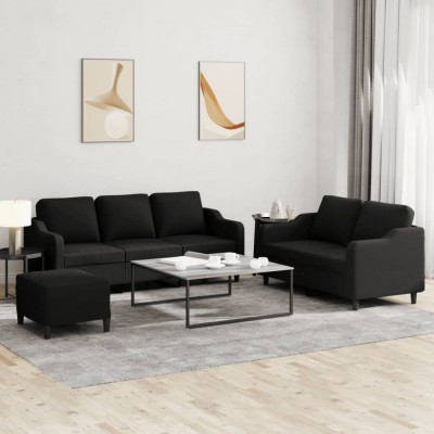 vidaXL Set de canapele cu perne, 3 piese, negru, textil foto
