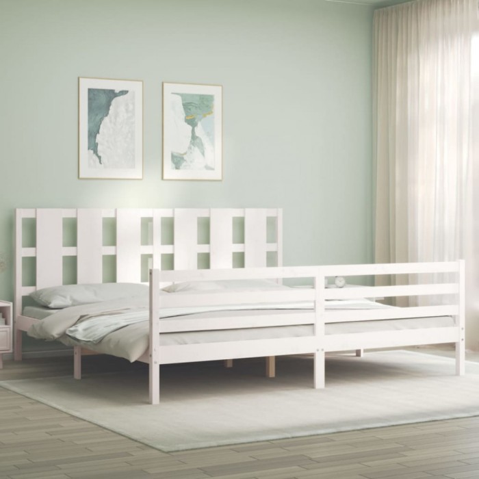 Cadru de pat cu tăblie Super King Size, alb, lemn masiv