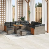 Set de 13 Piese pentru Grădină vidaXL cu Pernuțe Gri din Ratan Poli Acacia, Sofă de Grădină vidaXL cu 2 Locuri cu Pernuțe Gri din Ratan Poli, Set de 3