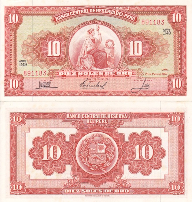 PERU 10 soles de oro 1967 UNC!!!