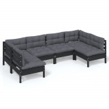 Set mobilier grădină cu perne, 6 piese, negru, lemn masiv pin