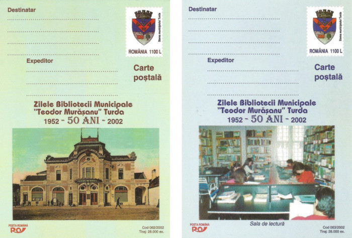 |Romania, Zilele Bibliotecii Municipale &quot;Teodor Murasanu&quot; Turda, cps, 2002