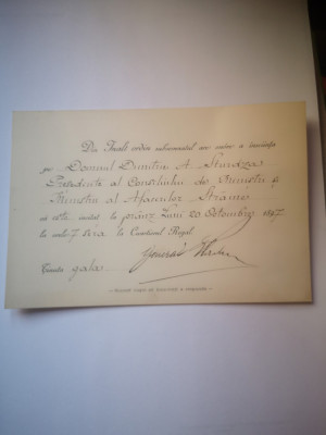 Invitatie Domnului D. A. Sturdza 20 octombrie 1897 - Cuartierul Regal foto