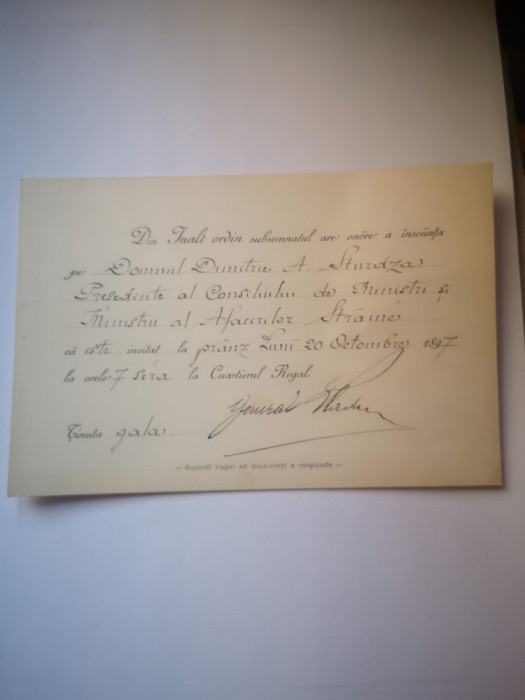 Invitatie Domnului D. A. Sturdza 20 octombrie 1897 - Cuartierul Regal
