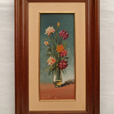 Pictura ulei pe carton, F. Costa; Flori în Vază de Sticla