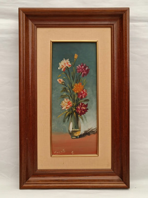 Pictura ulei pe carton, F. Costa; Flori &amp;icirc;n Vază de Sticla foto