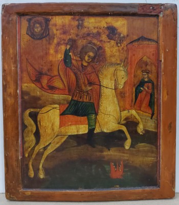 Sfantul Gheorghe Ucigand Balaurul, Icoana pe Lemn, Scoala Ruseasca, Secol 19 foto