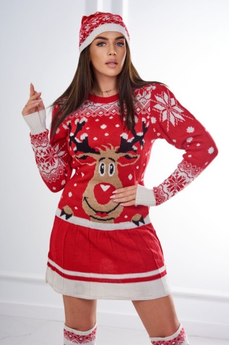Set de Craciun V cu rochie, caciula si sosete pana la genunchi rosii - marime universala