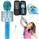 Microfon karaoke Bluetooth cu difuzor portabil, LED albastru, acumulator 1800 mAh, aluminiu