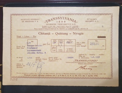 Chitanta societate de asigurari Transsylvania 1937 foto