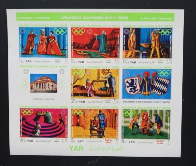 Yemen A.R.-MUNICH ORAS OLIMPIC-Teatru-7 v.+ 2 Vg.in M/Sh.-Ned-MNH**-YAR 09 foto