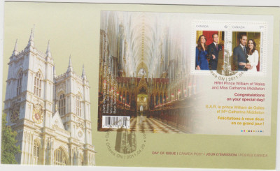 CANADA 2011 NUNTA REGALA -Printul William cu Catherine Middleton FDC cu blocul foto