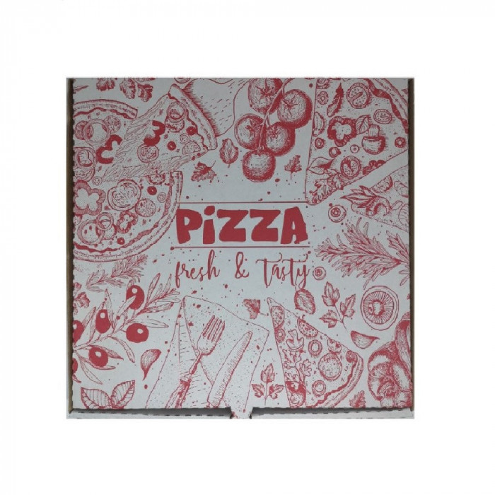 Cutii Pizza Albe, Model Pizza Fresh &amp; Tasty, Dimensiune 28x3.5x28 cm, 100 Buc/Bax - Ambalaje din Carton