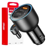 Incarcator auto AMiO 2x USB-C si USB-A 12/24V 95W, incarcare rapida PD si QC, pentru autoturisme si camioane, compact si sigur