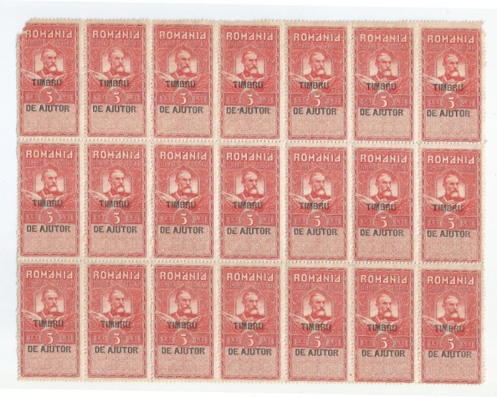 *Romania, LP VI.4e/1915, Carol I - supratipar TIMBRU DE AJUTOR, 5 lei (fiscal, format mare), bloc de 21, MNH
