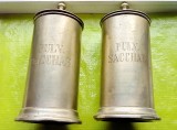 G238-I-2 Recipiente Farmacie metalice vechi PUL. SACCHAR anii 1900 maxim interbelic alpaca sau alama argintata. Pret pe bucata.