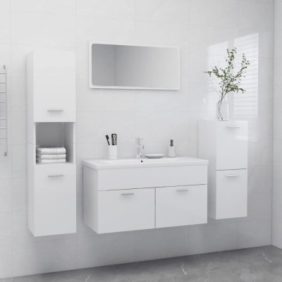 Set mobilier de baie, alb extralucios, lemn prelucrat foto