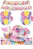 Set 128 piese vesela petrecere My Little Pony pentru 10 copii, stegulete decorative, fata de masa, servetele, pahare, farfurii, dragoni de suflat, pai