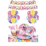 Set 128 piese vesela petrecere My Little Pony pentru 10 copii, stegulete decorative, fata de masa, servetele, pahare, farfurii, dragoni de suflat, pai