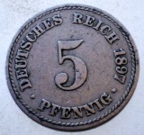 Moneda Germania 5 Pfennig 1897 A, KM#11, Cu-Ni, 18mm - Numismatică Germană