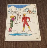 Franța Carte Poștală Umoristică Vintage &ndash; Schi și Pescuit pe Gheață, Ilustrație Semnată