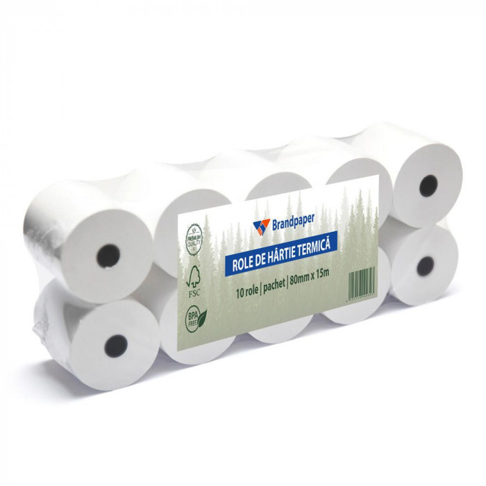 Set 10 Role Termice ROLLIS, 80mm x 15m, Hartie Termica 48 g/m&sup2; fara Bisfenol A (BPA), Tub 12 mm