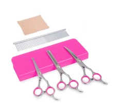 Set de 3 foarfeci profesionale + pieptan pentru tuns animale, Aexya, trusa piele foto