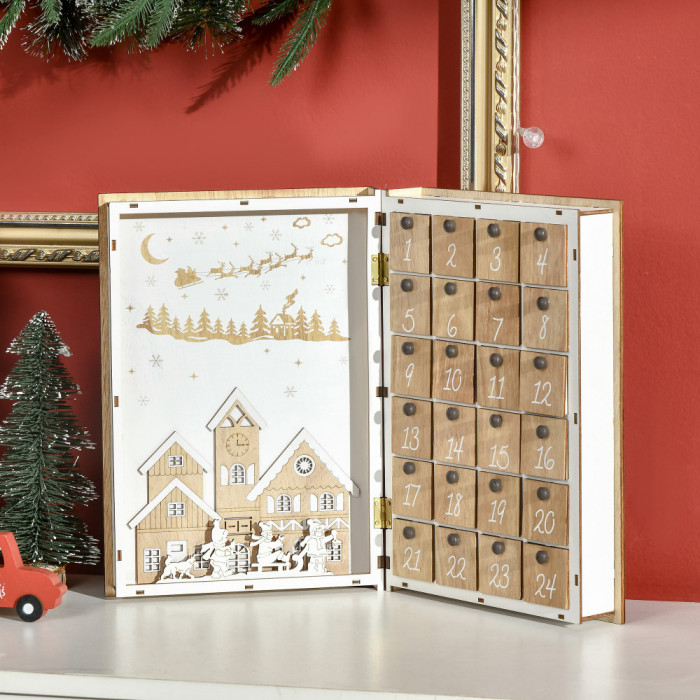 HOMCOM Calendar de Advent de Craciun in forma de carte cu decoratiuni tematice, 22x7x32 cm, din placaj, culoare alb si lemn