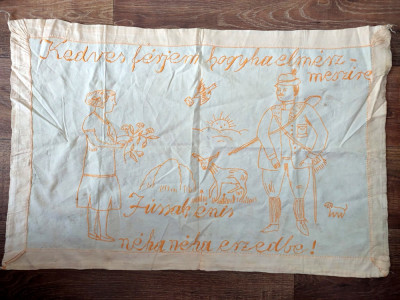 ** Peretar vechi cusut de mana pe panza, cu text in limba maghiara Transilvania foto