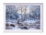 Tablou peisaj de iarna pictat manual, Vanatoare de mistreti, 80x60cm ulei pe panza rama din lemn, Stefan Bilibou, cu certificat de autenticitate