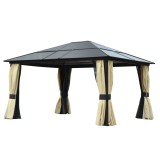 Outsunny Pavilion de grădină Hardtop 4.2 x 3.6 m, Draperii cu plasă &icirc;mpotriva insectelor, Structură din aluminiu, Maro+Crem | Aosom Romania