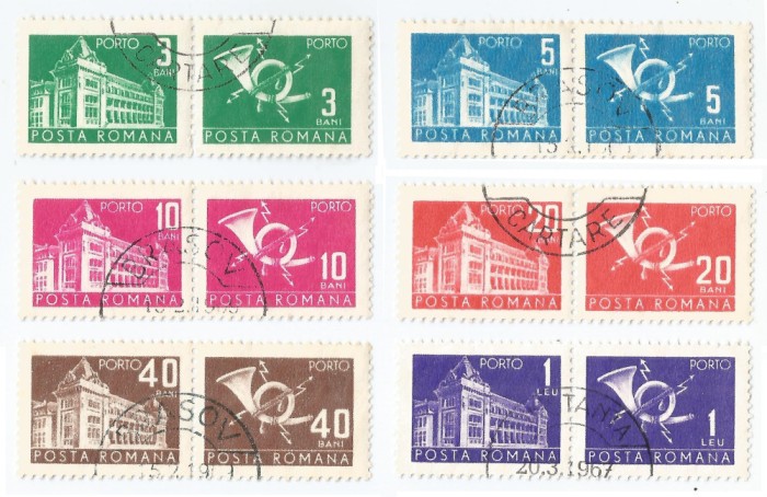 Romania, LP IV.28, Porto duble, Palatul PTT, POSTA ROMANA, filigran RPR, oblit.