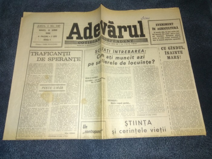 ZIARUL ADEVARUL 12 IUNIE 1990 COPPA DEL MONDO