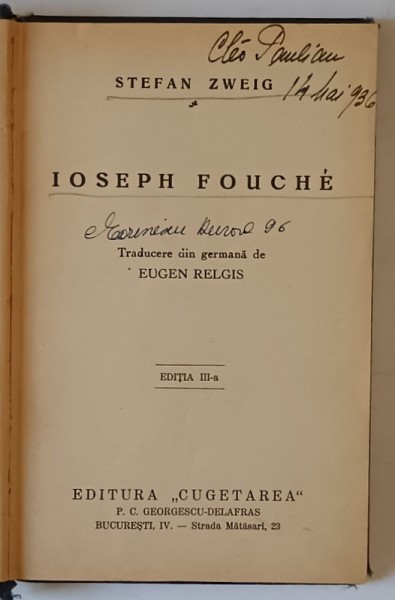 IOSEPH FOUCHE de STEFAN ZWEIG , EDITIE INTERBELICA *PREZINTA SUBLINIERI IN TEXT