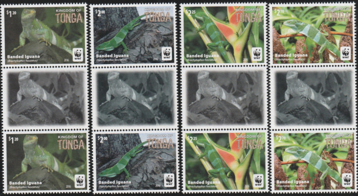 Tonga 2016-Fauna,WWF,Cameleoni,2 serii 4 val.in coloana+vigneta poz.1,intre ele