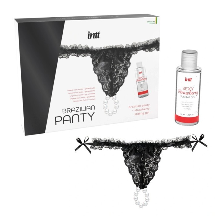 Set Bikini din Dantela Neagra cu Perle si Lubrifiant Aroma Capusini 50 ml