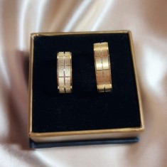 Verighete Lucrate Manual Argint Placat Aur &ndash; Model Geometric, Finisaj Mat și