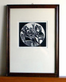 Scena cu femei, nuduri - xilogravura litografie originala semnata, rama 37x50cm