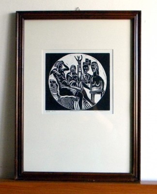 Scena cu femei, nuduri - xilogravura litografie originala semnata, rama 37x50cm foto